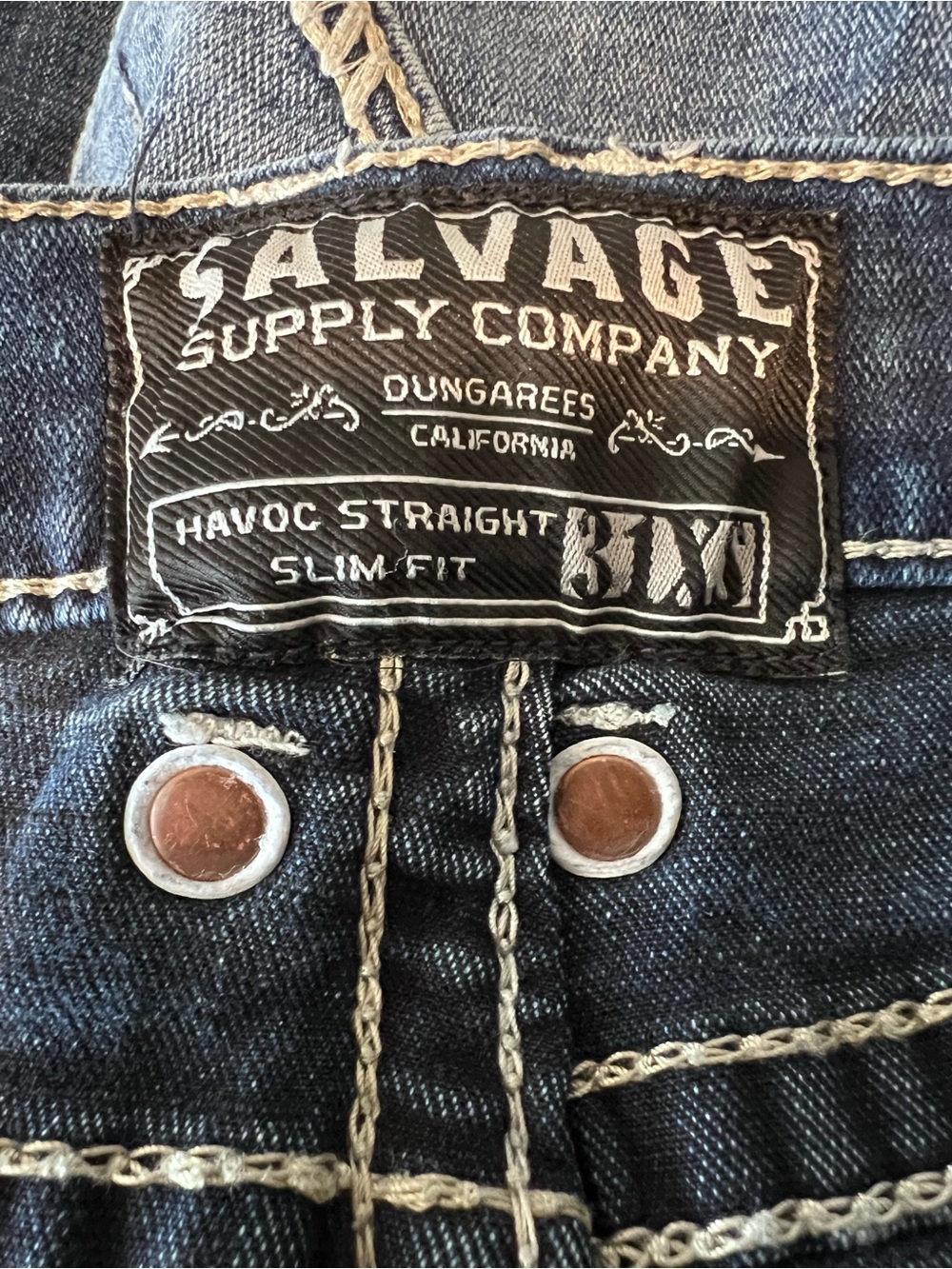 Salvage Men’s Blue Bootcut Jeans with White Pocket Embroidery - Picture 4 of 6